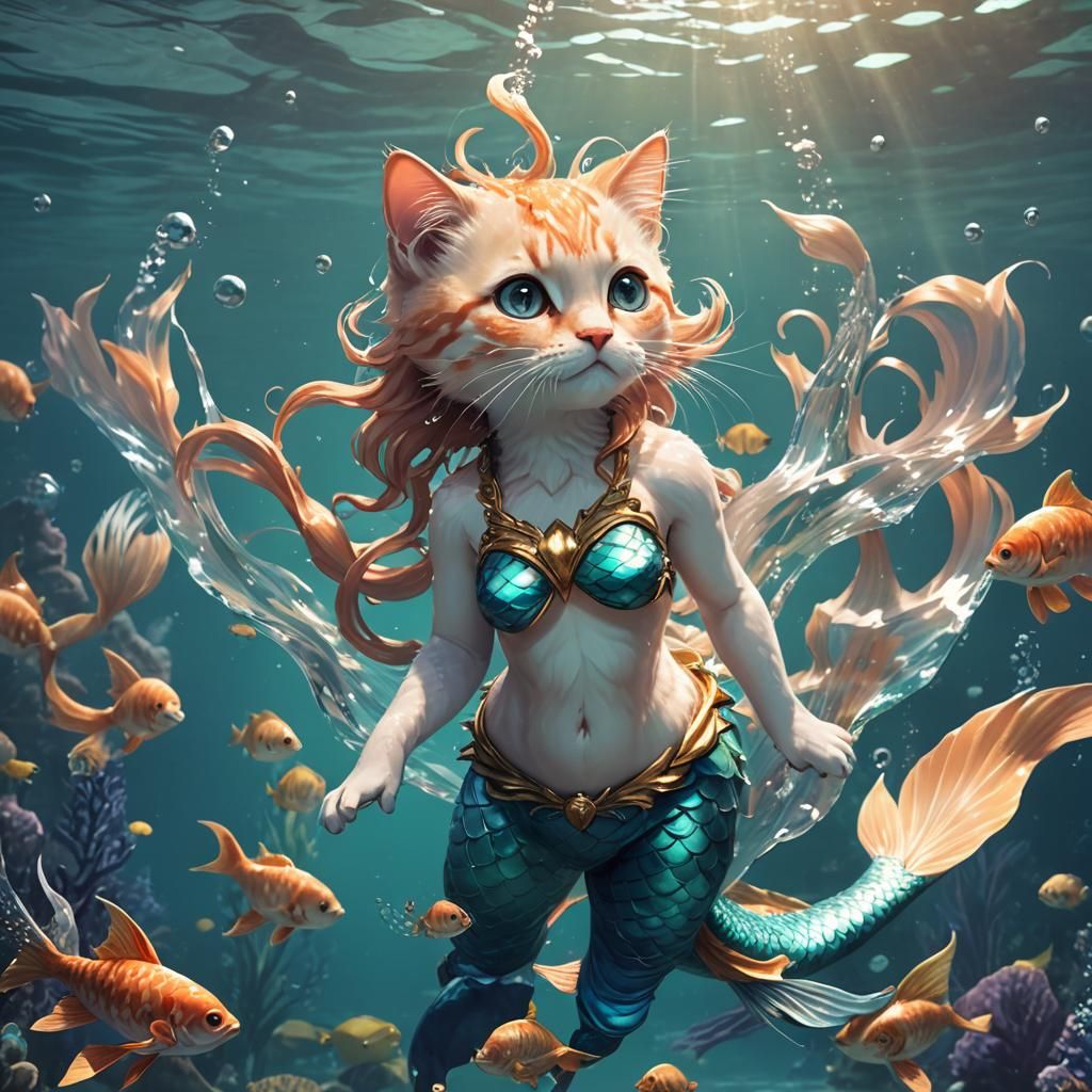 Kitten mermaid swimming