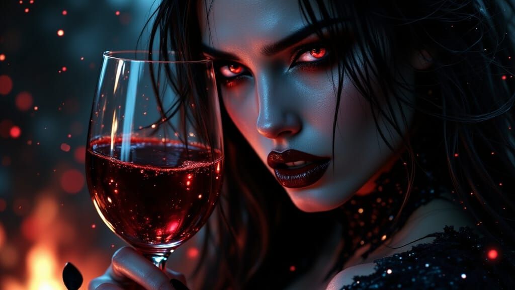 A vampiress fangs barely showing holding a wine glass with thick red liquid <lora:Dark Vampiress:1.0> 