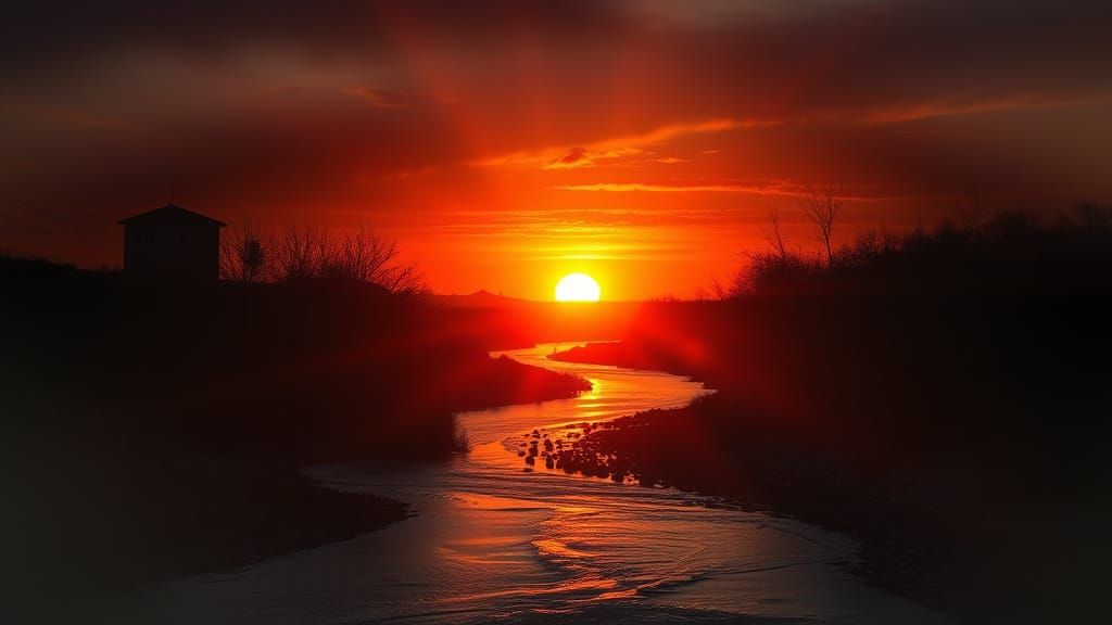 double exposure effect, surrealism, multilayers a sunrise and river inside the eyes  by @Andrea Angel