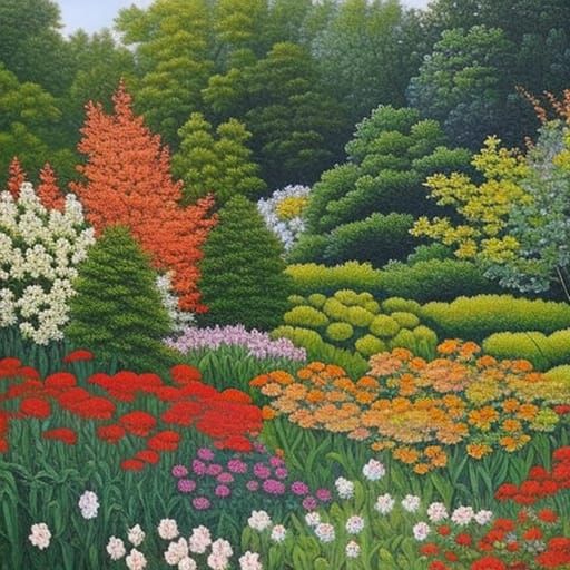 depicts a majestic garden in bright colors. The paintings sh...