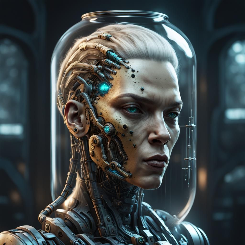 blond hair Female cyborg head in a Jar - AI Generated Artwork ...