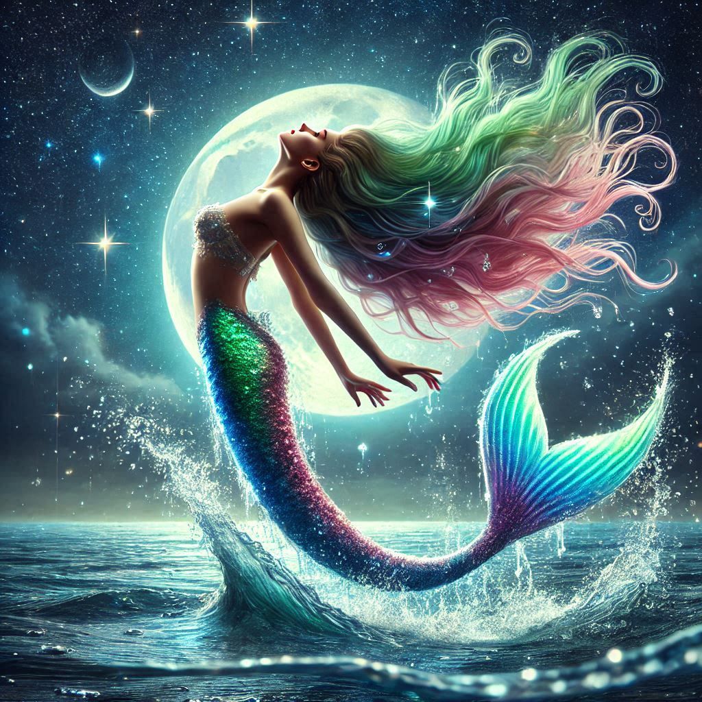 Time freezing scene of a pretty young mermaid, jumping and backflipping from the sea 7
