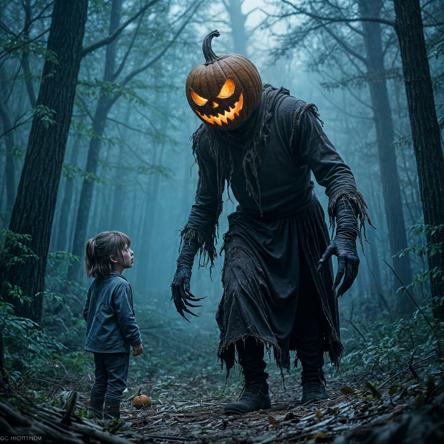 A creepy tall thin pumpkin man in tattered clothes, with rotting melting face and clutching long claws stalking a frightened boy and girl th...