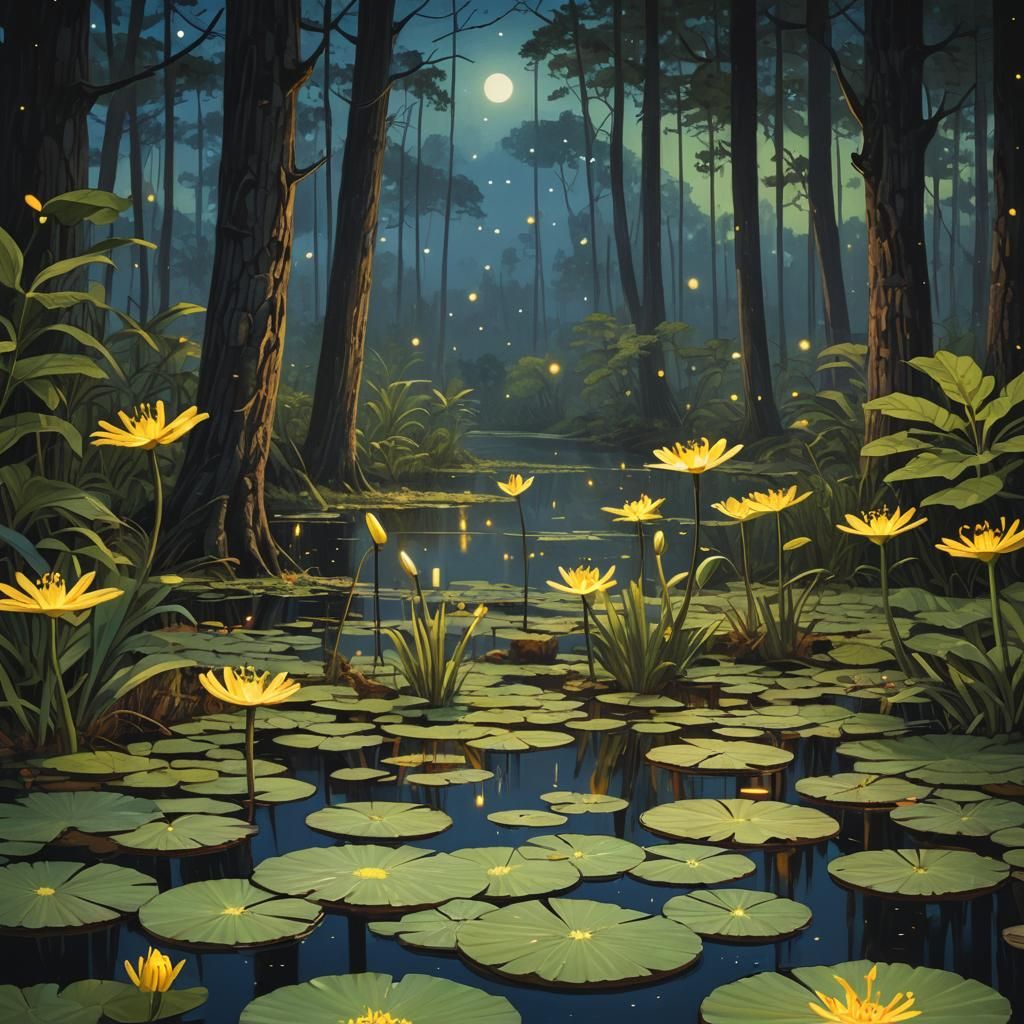 Glowworms, Lilypads, And The Moon. - Ai Generated Artwork - Nightcafe 