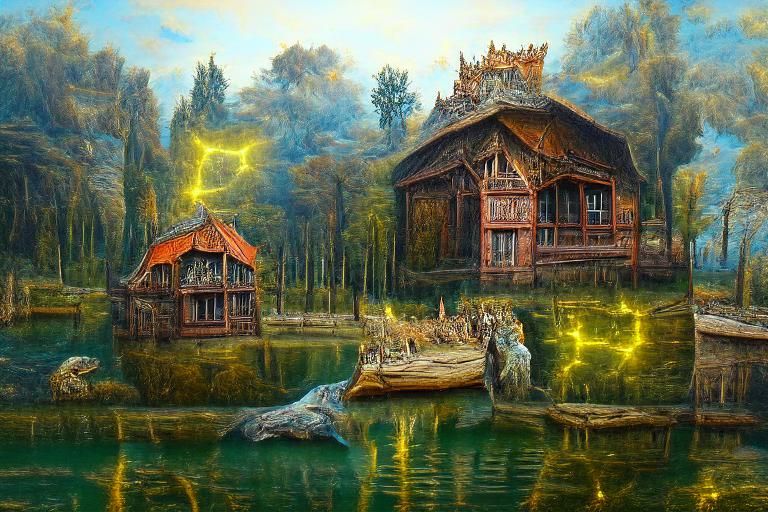 Luminous lake with deer hunters wooden cabin architecture by...