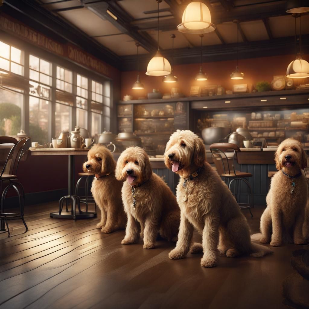 Lot's of goldendoodles and many other breeds of dogs in a co...