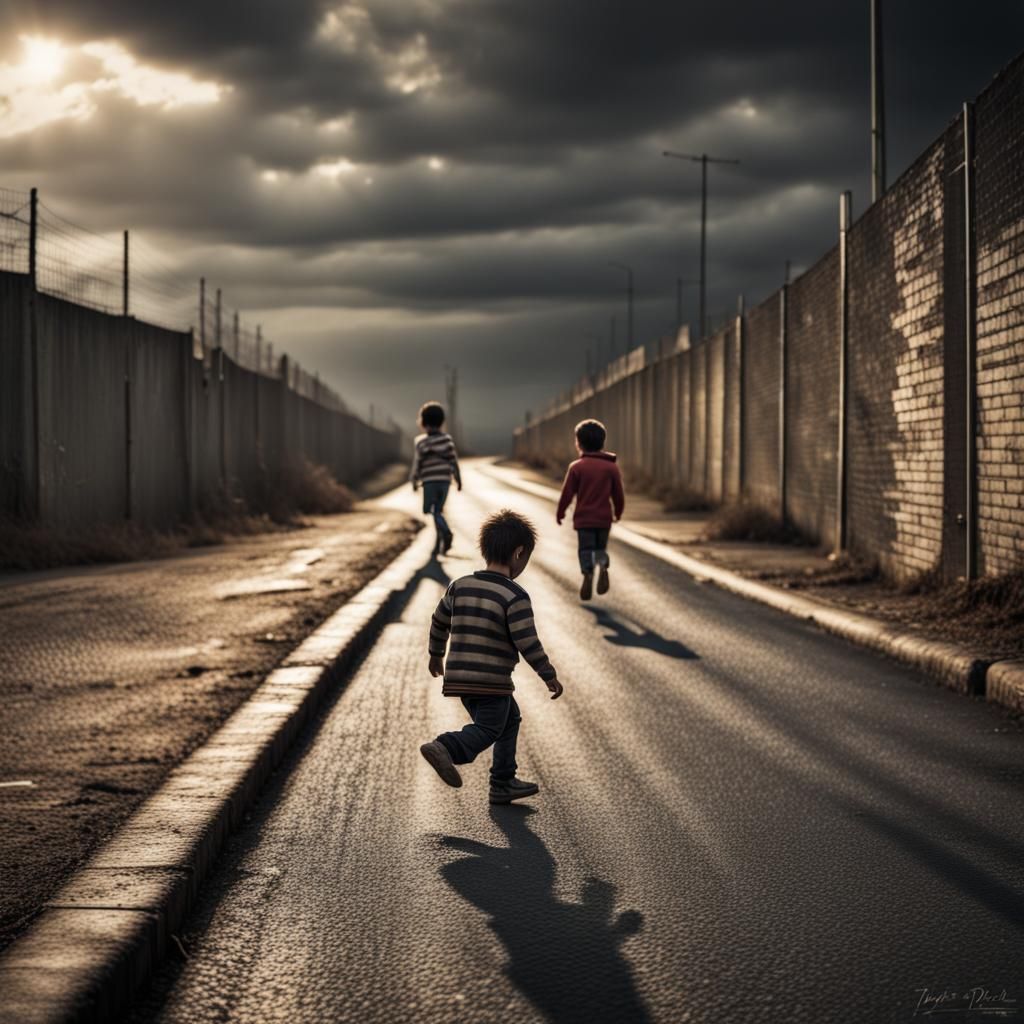 kids playing on a lonely road