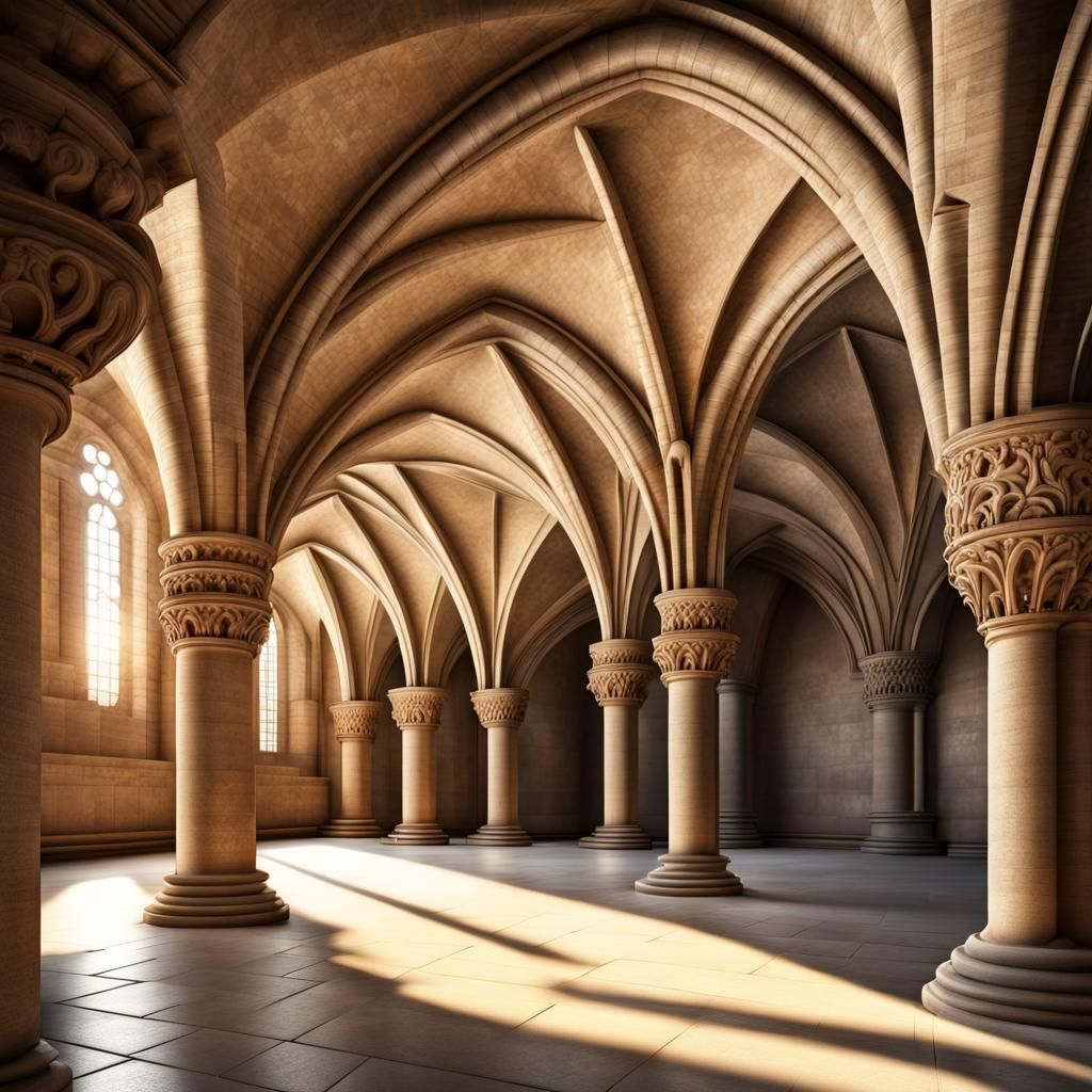 Highly detailed Romanesque cathedral interior, with round headed arches