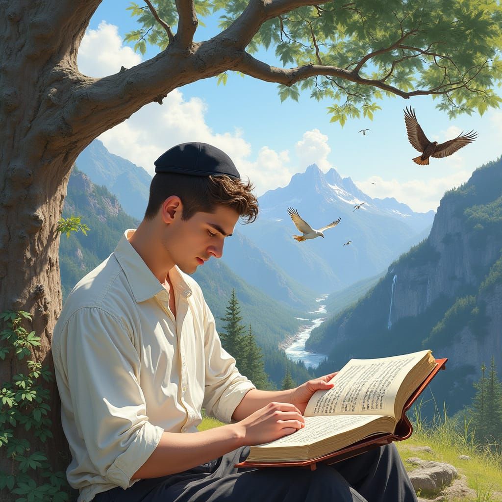 Watercolor Torah Scholar Under a Tree