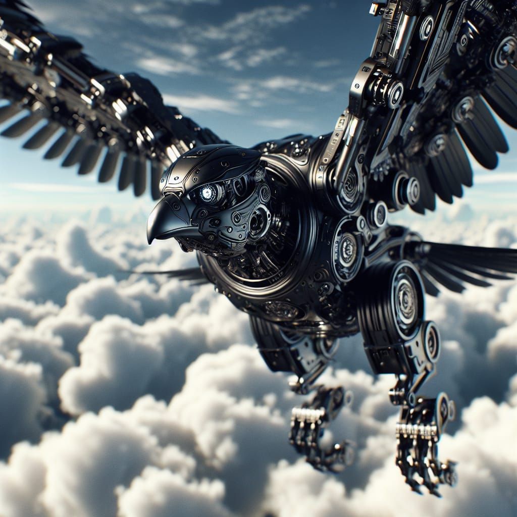 A black falcon flying past white clouds, wings moving up and...