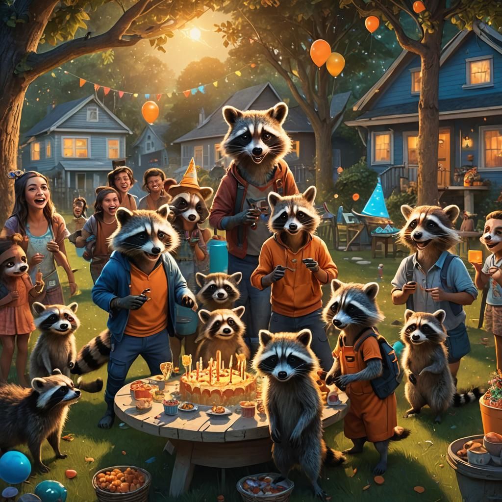 Birthday party group photos photobombed by raccoons