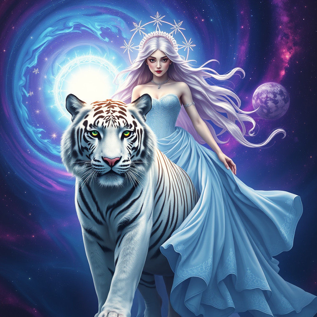 White tiger with selene in front of a cosmic background