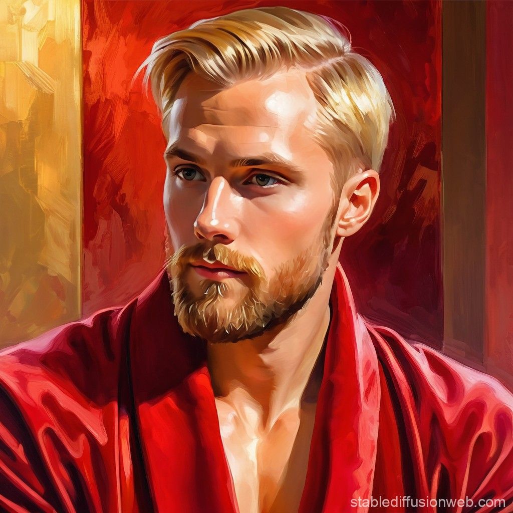 A handsome  bearded man wearing a   red     bathrobe