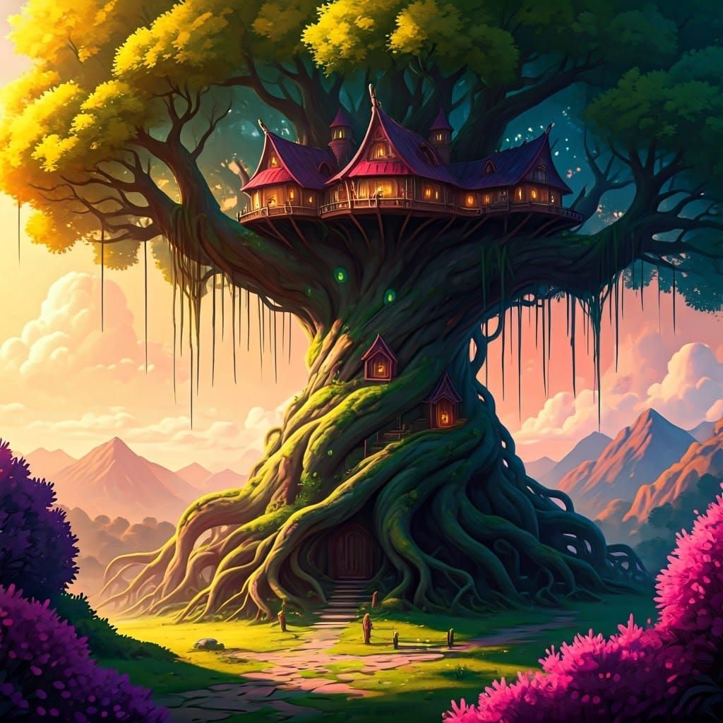 Enchanting Treetop Village in Dreamlike Matte Painting