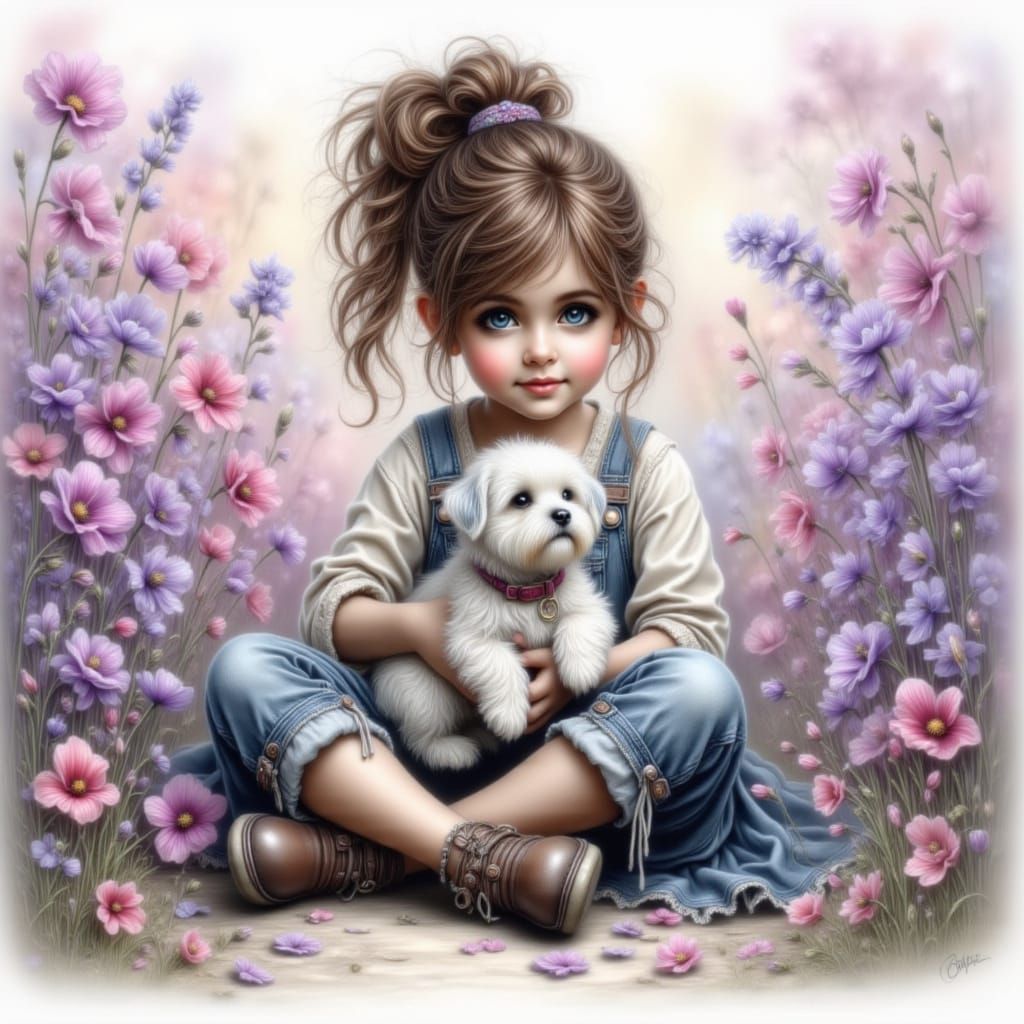 Adorable Girl with Puppy in Ethereal Purple Light