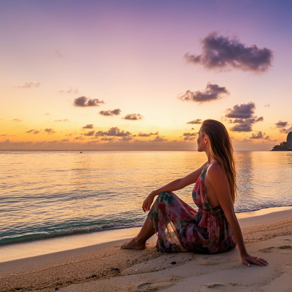 Tropical Beach Sunset in Impressionist Style