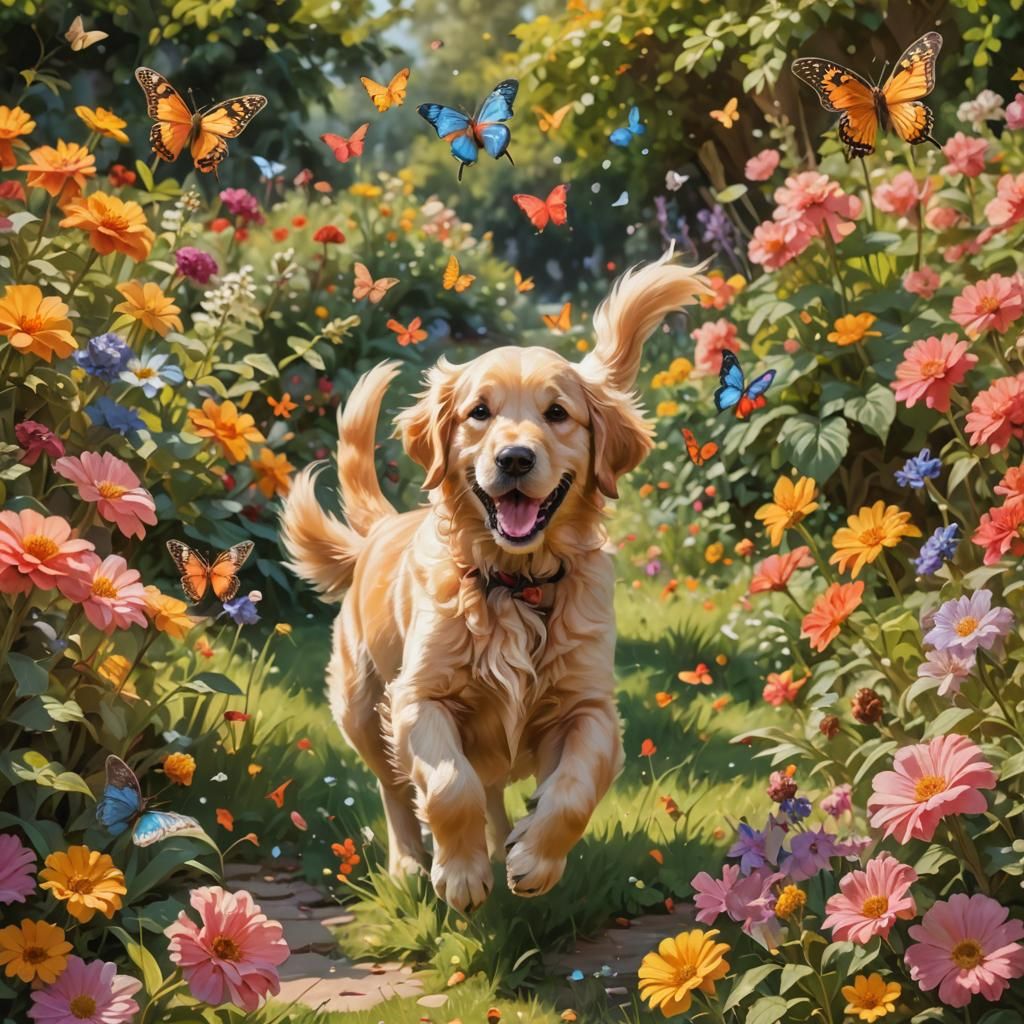 A super cute puppy dog Golden Retriever joyfully playing in a sunlit ...