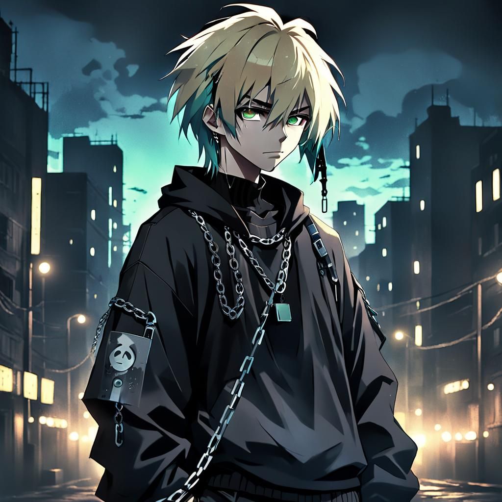 Mysterious Anime Boy in Moody Cityscape