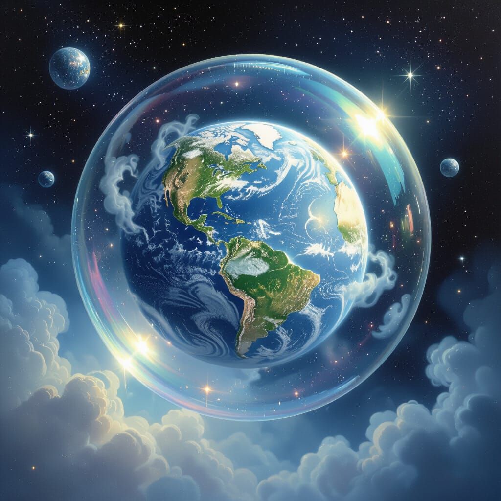 Ethereal Earth in Shimmering Bubble Floating in Space