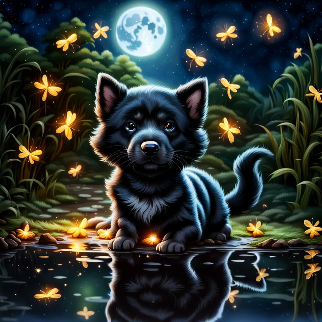 Puppy with black fur walking next to a lake surrounded by fi...