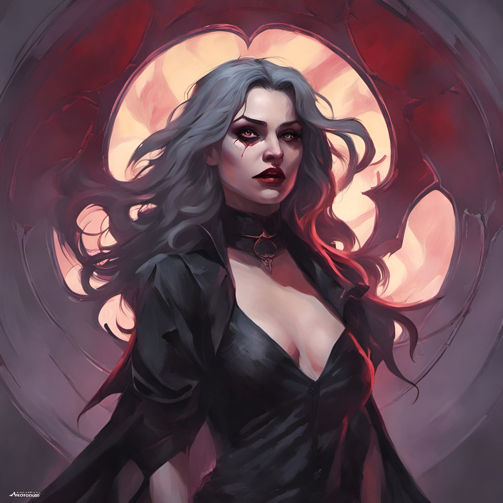 MODERN GOTH, BADASS FEMALE VAMPIRE, FLOWY HAIR, DYNAMIC, NIG...