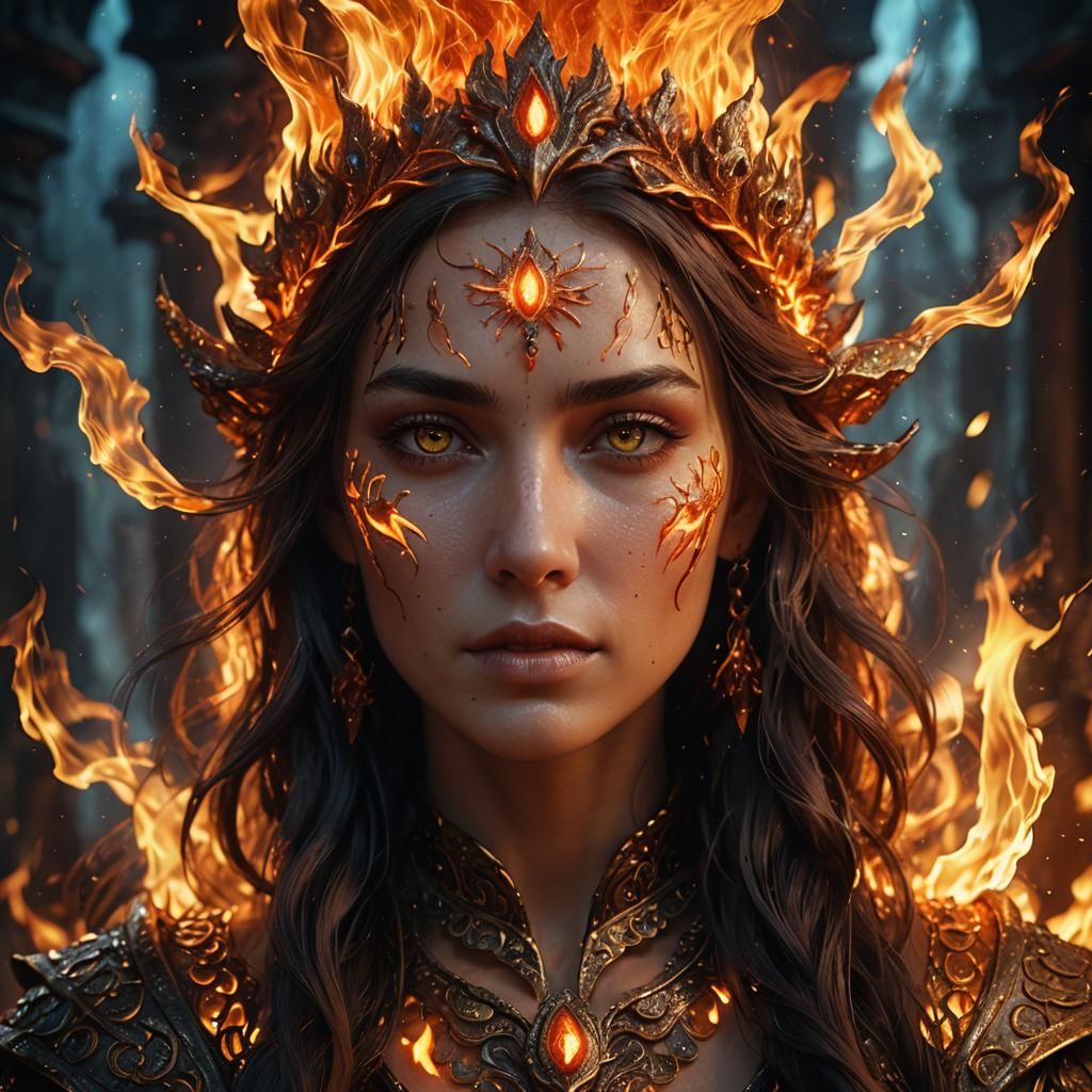 Closeup of a beautiful woman made of fire detailed facial fe...
