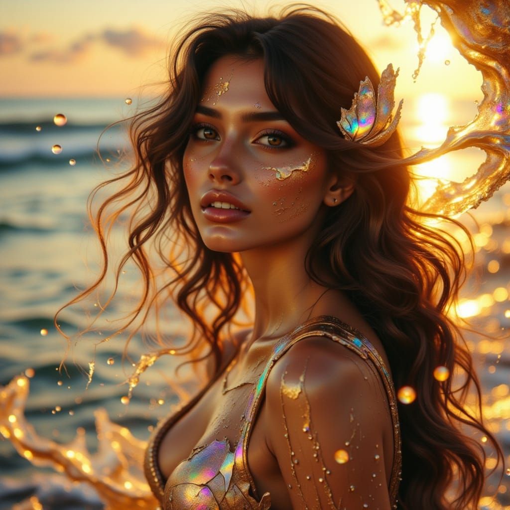 <lora:hyperkraximalismus:1.0> <lora:GlitchFoilFlux:1.0> <lora:Iridescent Beauty:1.0> <lora:GoldenHour:1.0> <lora:Don Macana Style:1.0> <lora...