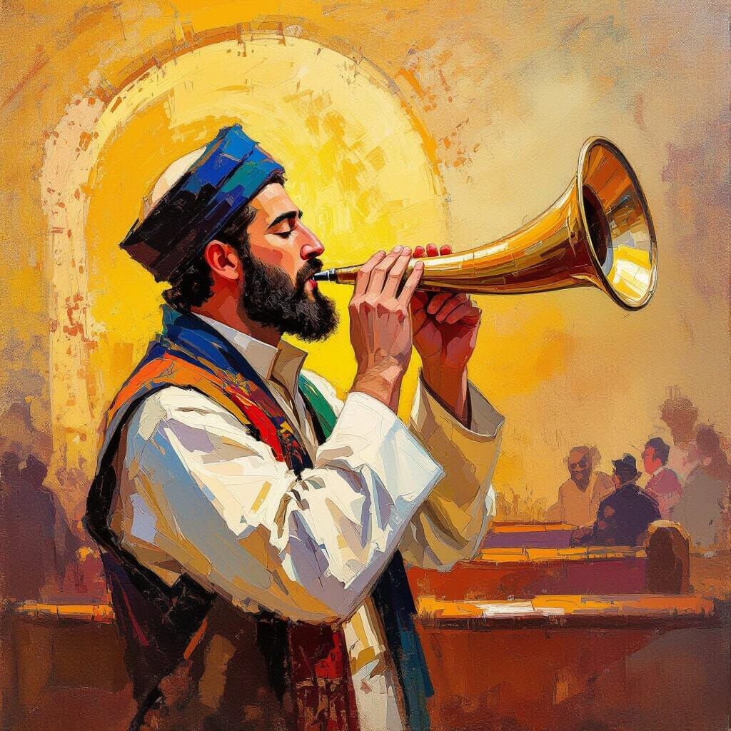 Shofar Blower in Synagogue, Impressionist Style