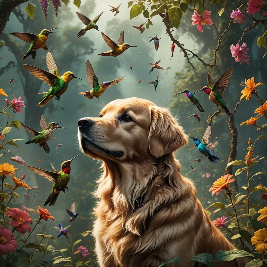 Golden retriever and hummingbird