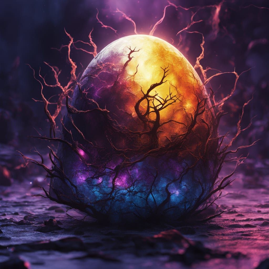 This image shows a floating, glowing egg with a complex texture reminiscent of cracked glass or perhaps solidified lava.

The egg emits an i...