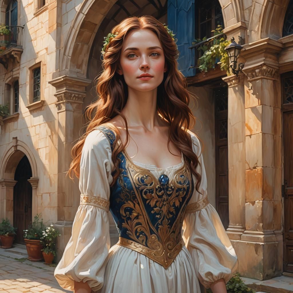 Renaissance Woman in Courtyard Oil Painting