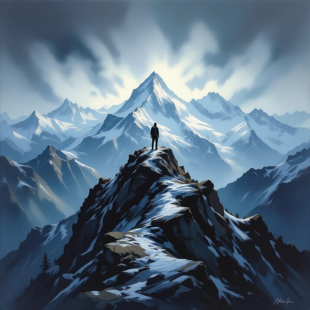 Lone Hiker on Mountain Summit in Moody Oil Painting Style