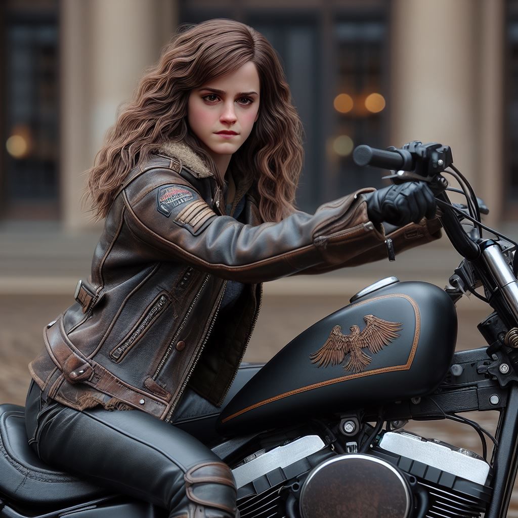 Emma Watson as Hermione Granger, riding her motorbike