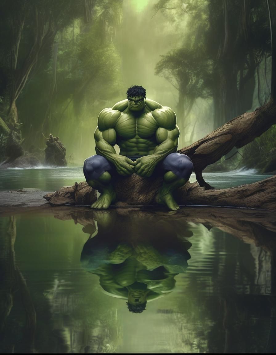 Hulk assis sur un tronc dans la jungle et pied dans l'eau