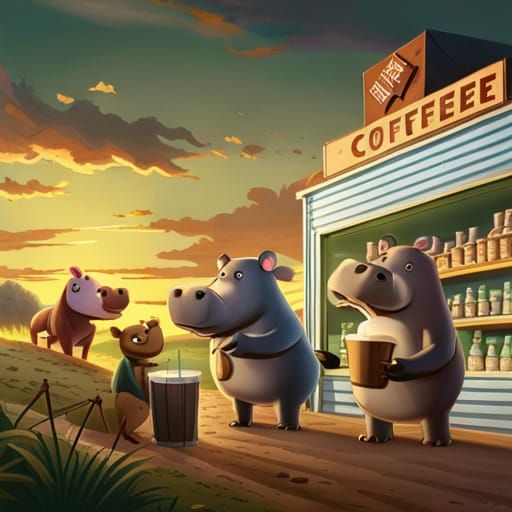 In an animal supermarket, a kind hippo advises animal buyers...