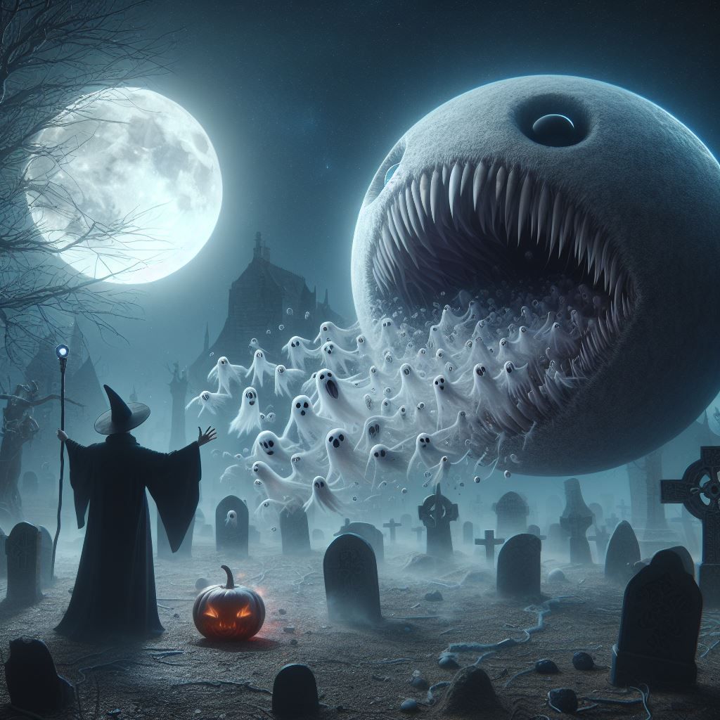 sorcerer using pac man monster to devour ghosts of graveyard