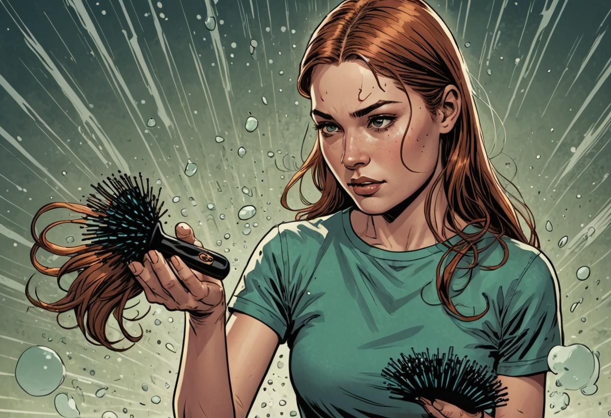 Woman holding hair brush as her hairs fall