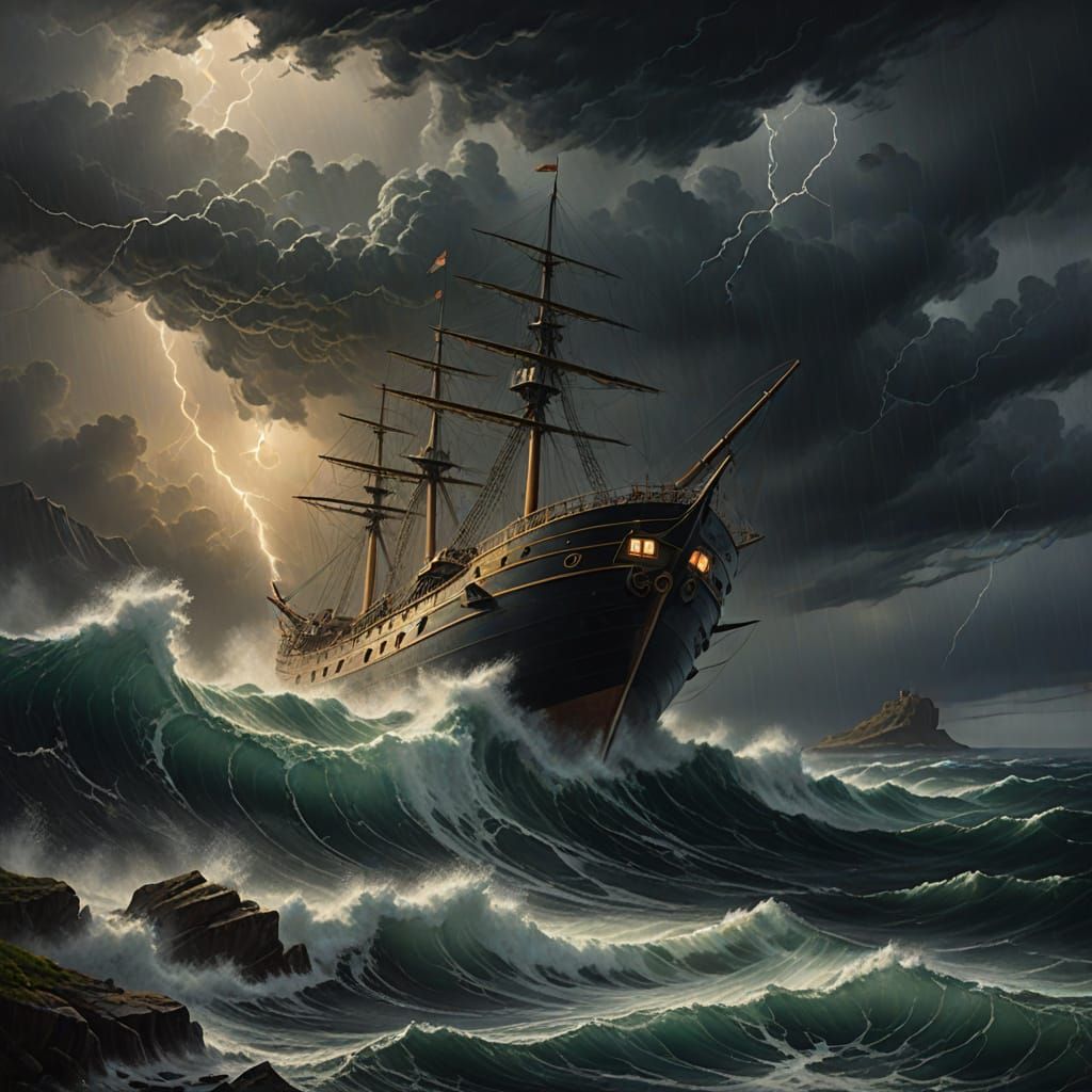 A solitary, weathered airship navigates through a treacherous storm over a dark, stormy sea. Lightning ...  by @Princess Eris