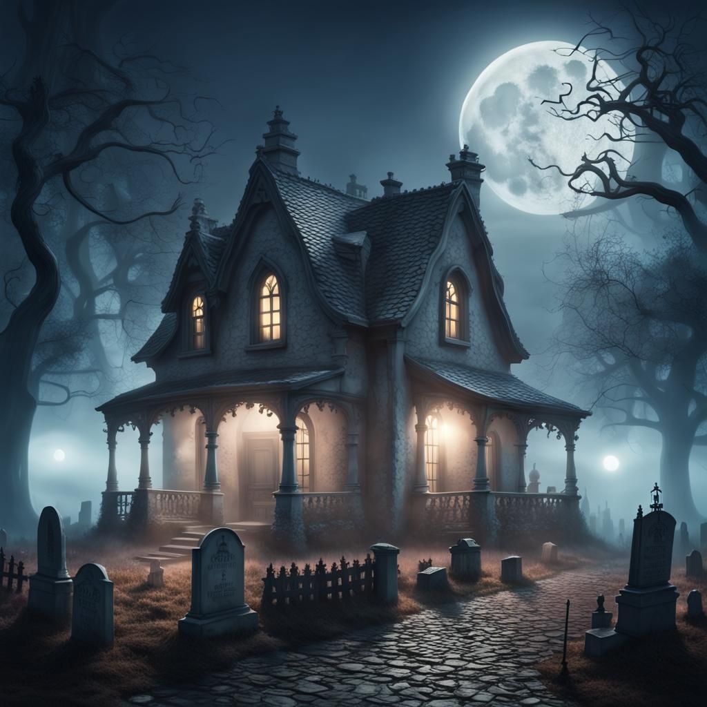 HYPERDETAILED SPOOKY COTTAGE IN THE MIDDLE OF A FOG COVERED CREEPY ...