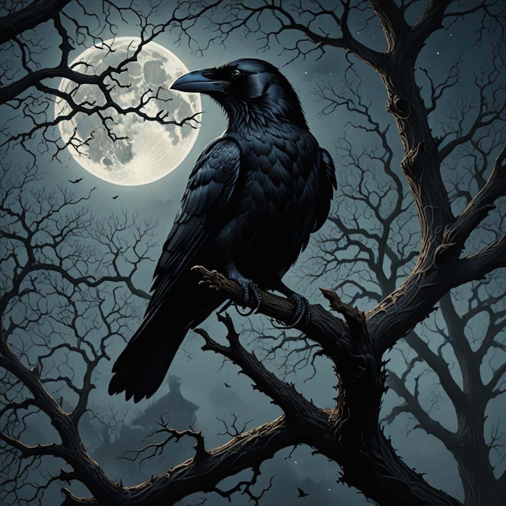 A mesmerizing realistic crow is perched on a limb of a huge oak tree, moonlight reflection, cinematic lighting, gothicism 
