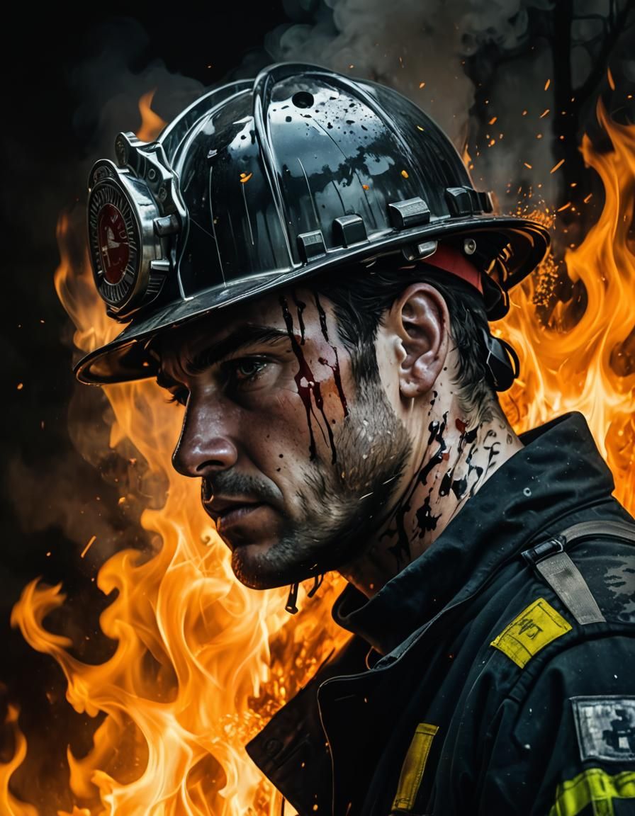 fire hose, burning forest, flames, fire, firefighter standing in the fire, double exposure Portrait of ...  by @amazoon