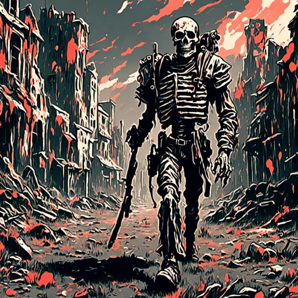 <lora:Macabre:1.0> <lora:Eclipse:1.0> A skeleton soldier clad in a ragged uniform carrying a rifle walks through a post-apocalyptic townscap...