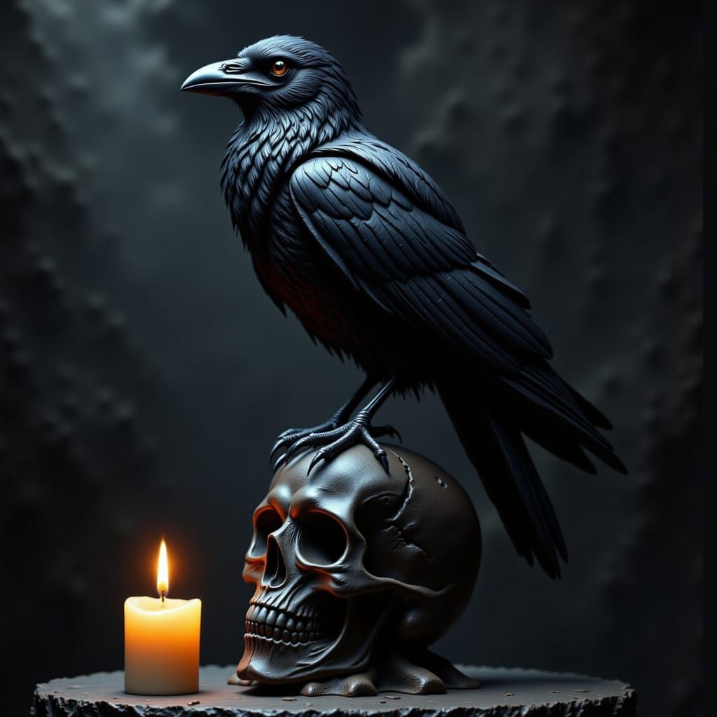 Un magnifico corvo appollaiato su un teschio modellato in argilla scura, su un tavolino gotico, con una candela accesa. <lora:Feeling Raven:...