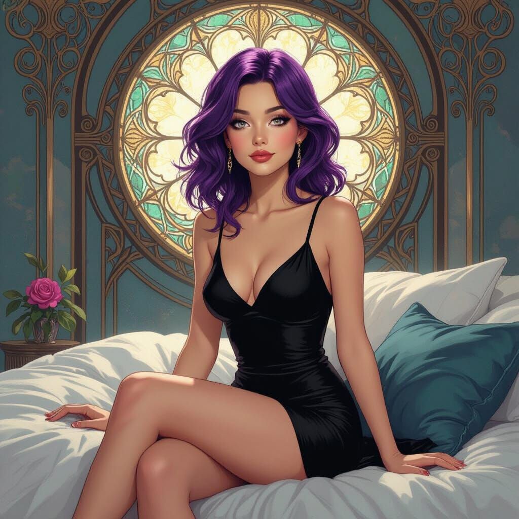 Girl with Purple Hair in Art Nouveau Style