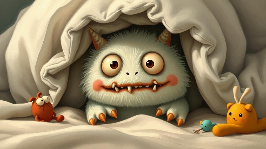 A shy monster peeking out from under a bed, more cuddly than frightening.  by @aNta