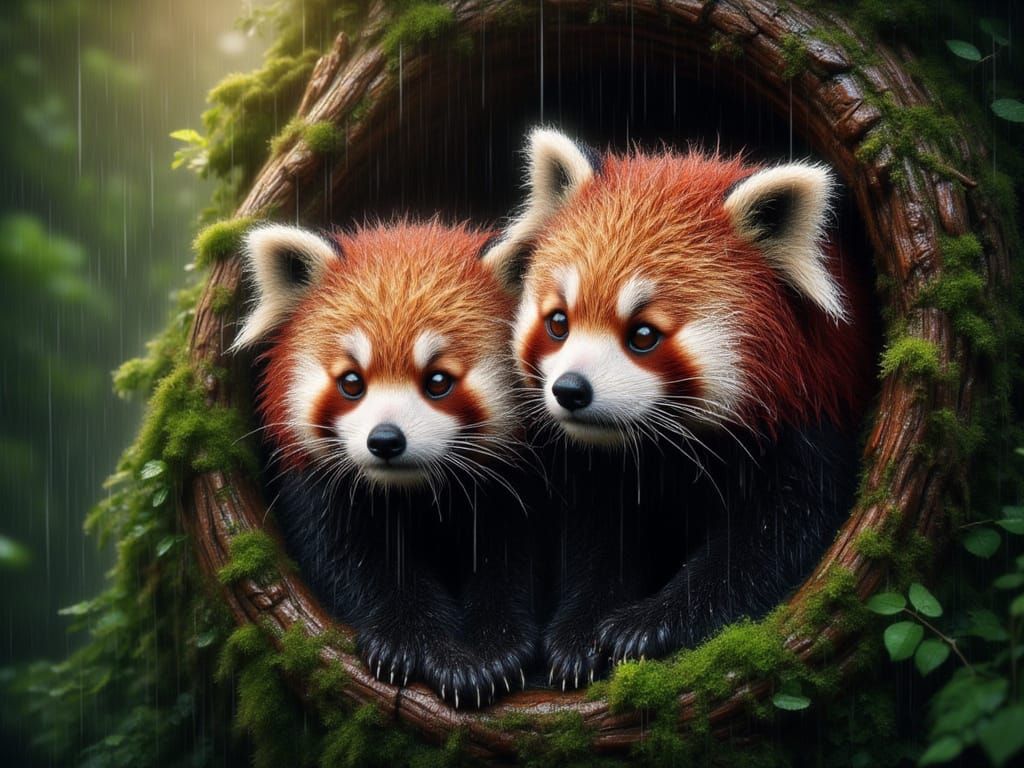 <lora:FiosAnimalsInTheRain:1.0> Red Panda cubs in a tree hollow