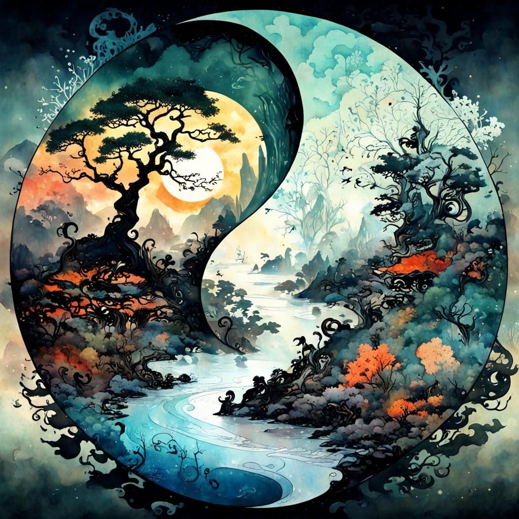 A beautiful ying and yang landscape made of misty pastel watercolor By ...