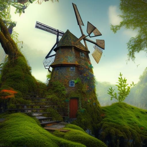 A Fantasy Windmill House and lots of moss and a blue roof
