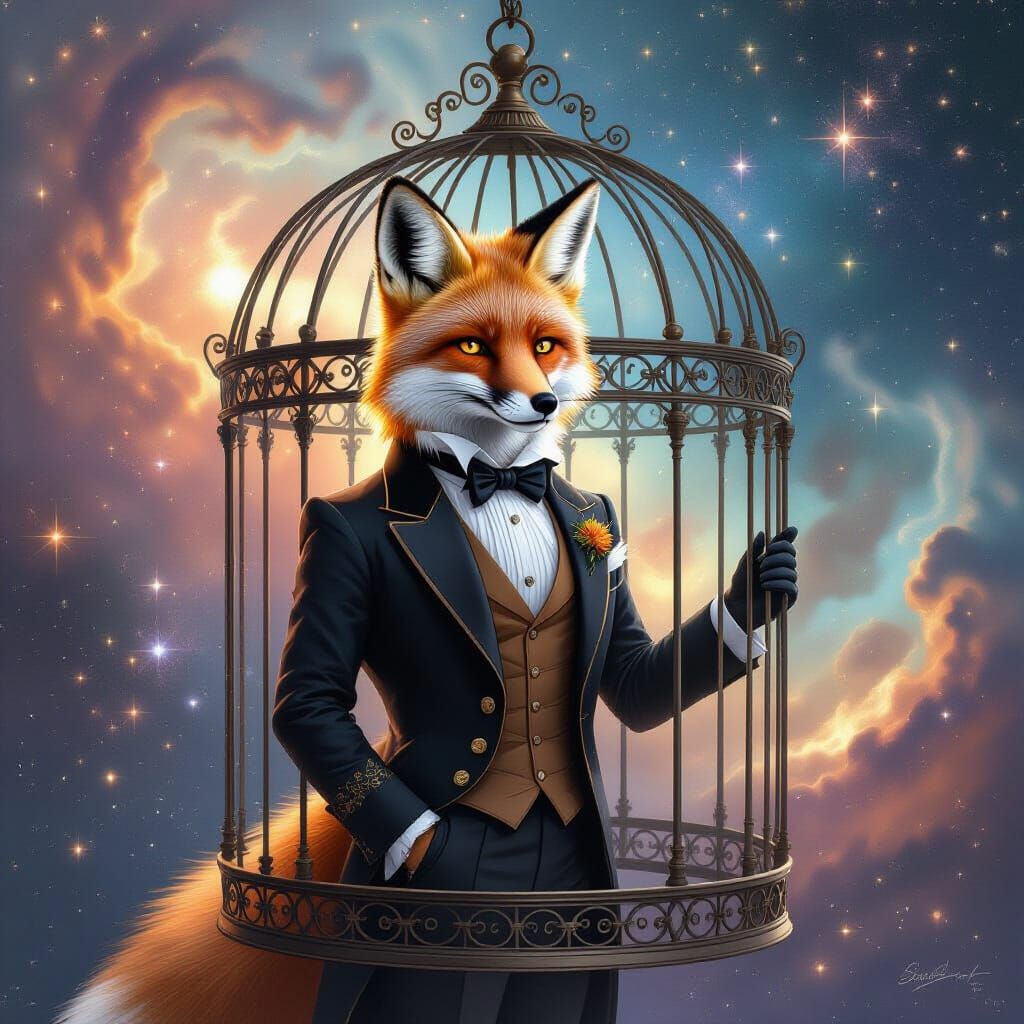 An anthropomorphic fox, dressed in a finely tailored Victorian suit, stands within a grand, ornate birdcage. Outside the cage, a swirling ne...