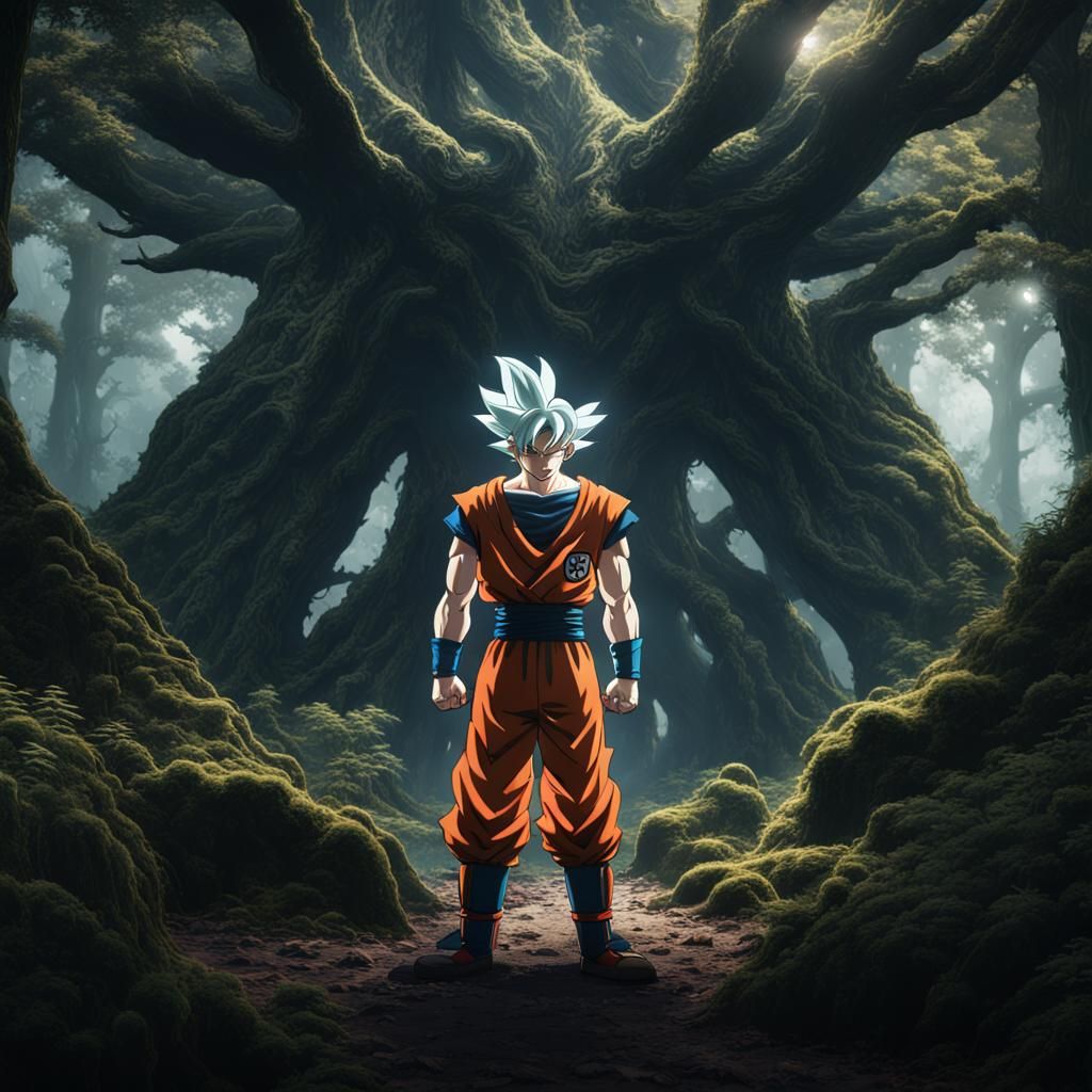 goku in the dark forest looking at the camera